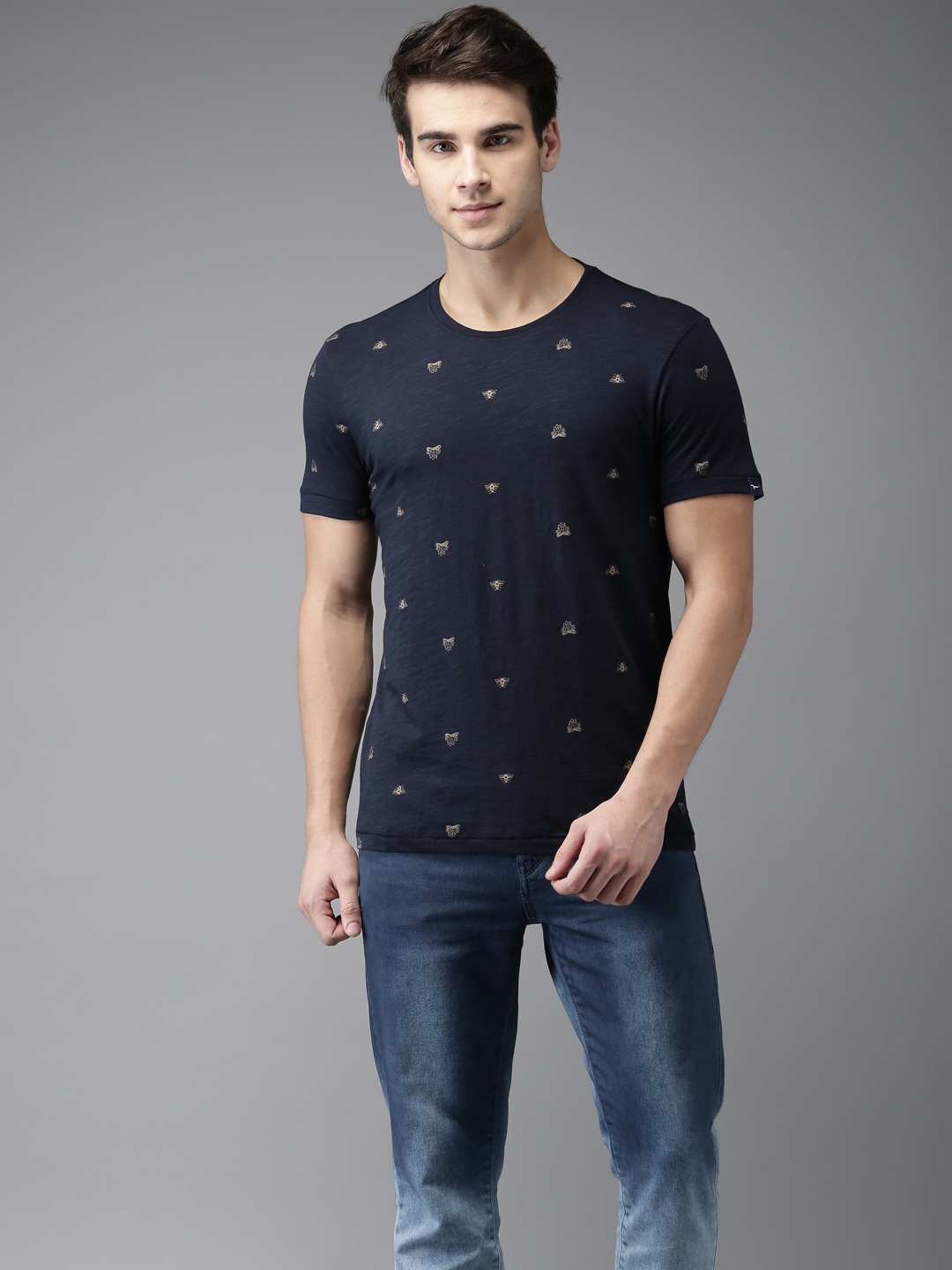 

Flying Machine Men Navy Blue Printed Round Neck Pure Cotton T-shirt