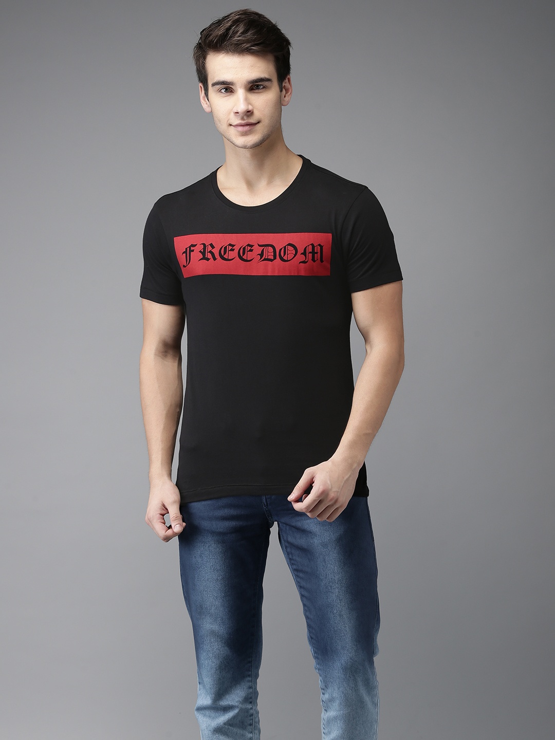 

Flying Machine Men Black Printed Round Neck Pure Cotton T-shirt