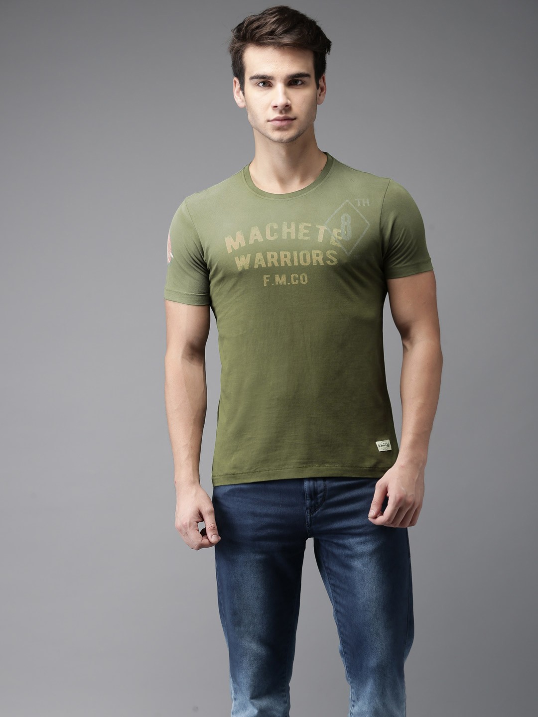 

Flying Machine Men Olive Green Printed Round Neck Pure Cotton T-shirt