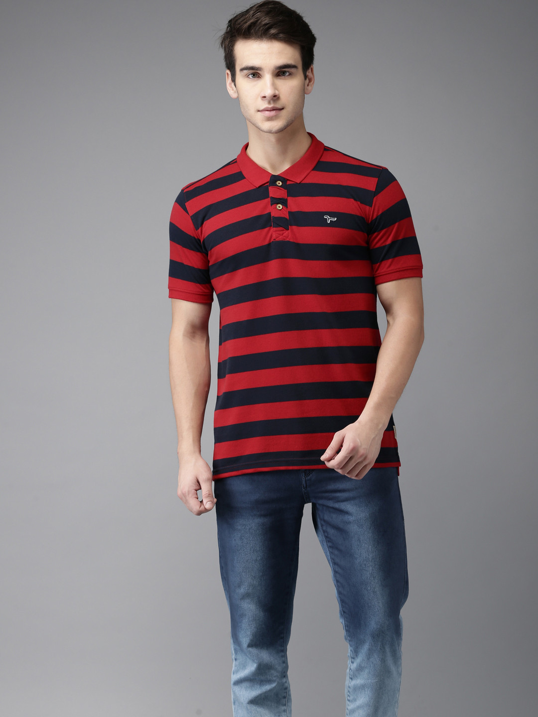 

Flying Machine Men Red Navy Striped Polo Collar Pure Cotton T-shirt