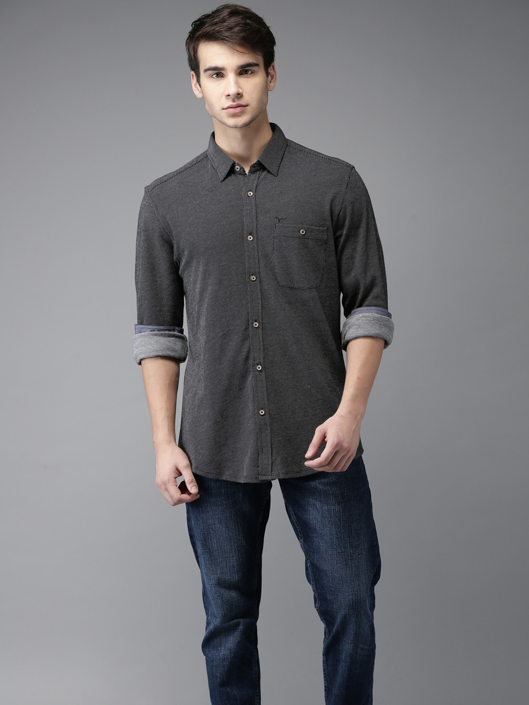 

Flying Machine Men Black & White Regular Fit Self-Design Casual Shirt