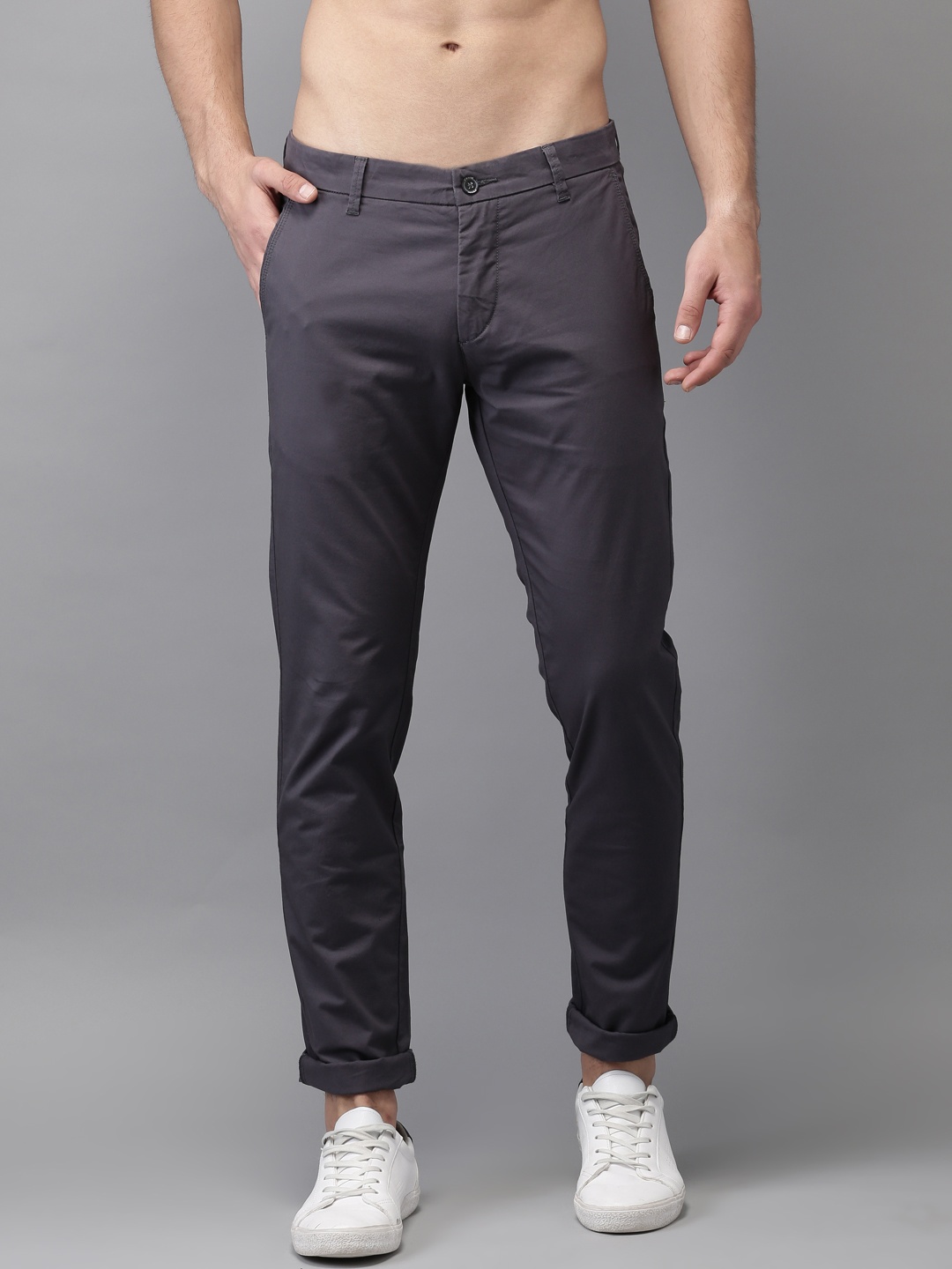 

Flying Machine Men Charcoal Grey Super Slim Fit Solid Chinos