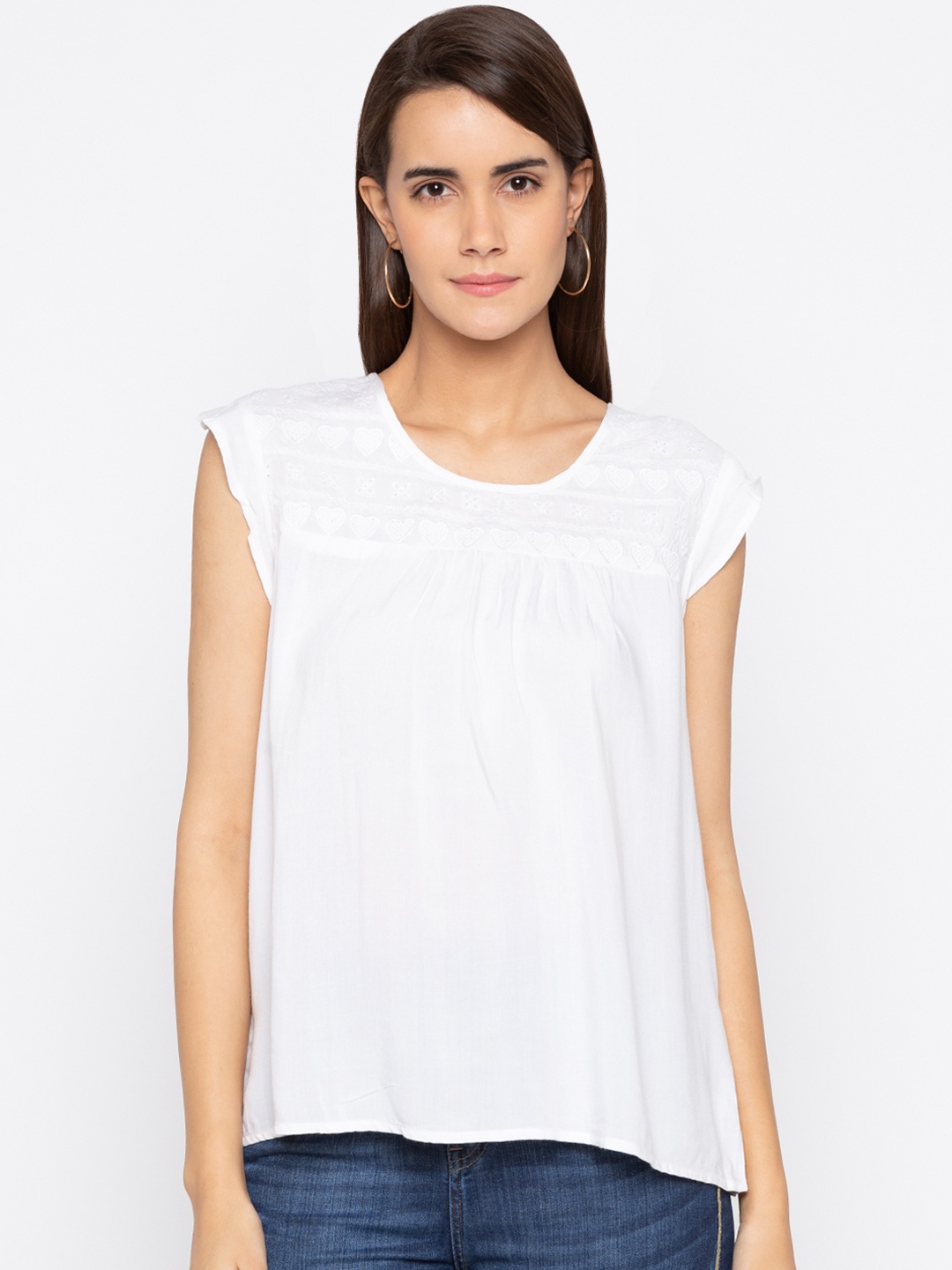 

Globus Women White Solid A-Line Pure Cotton Top