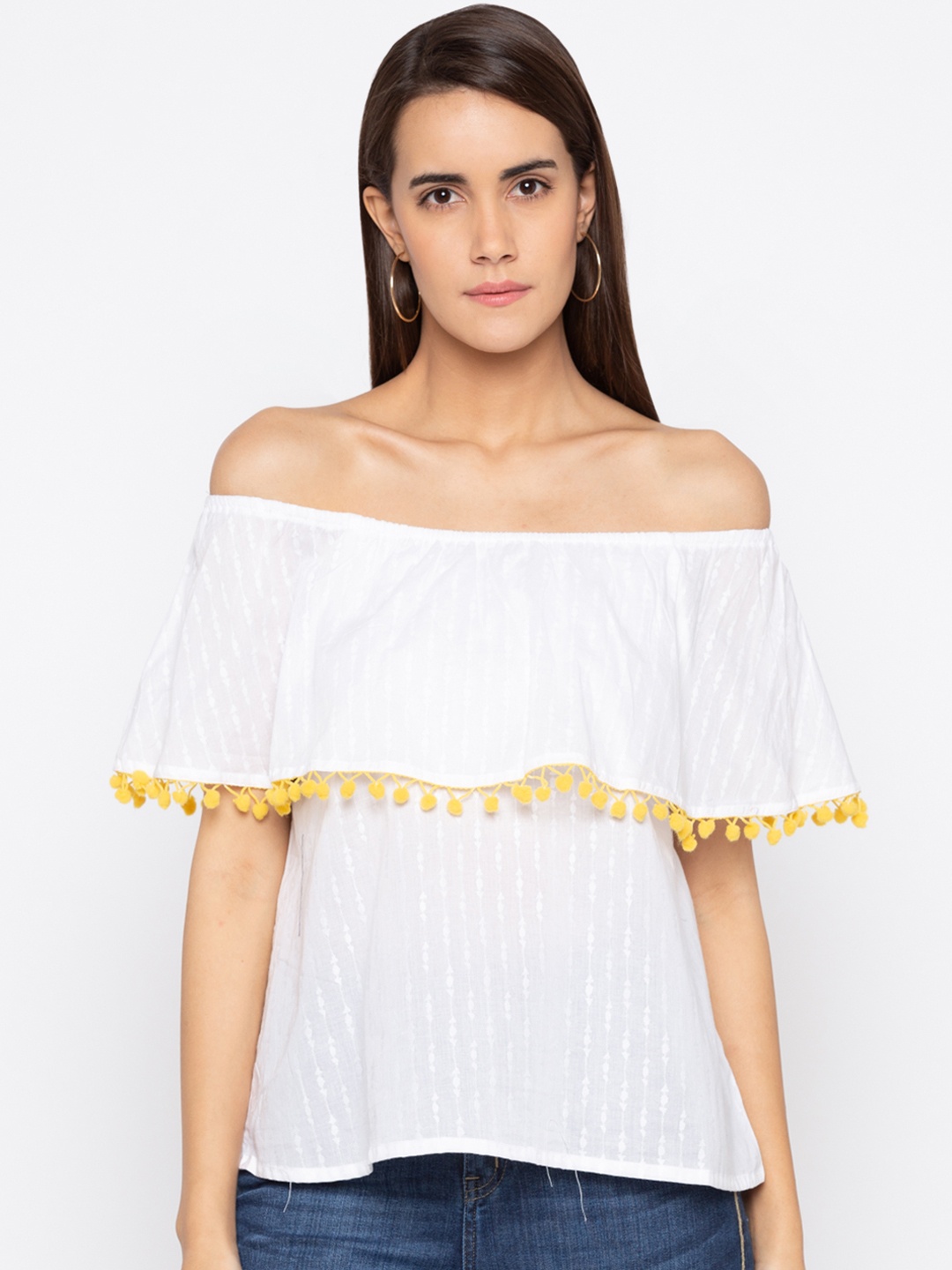 

Globus Women White Self Design Bardot Top