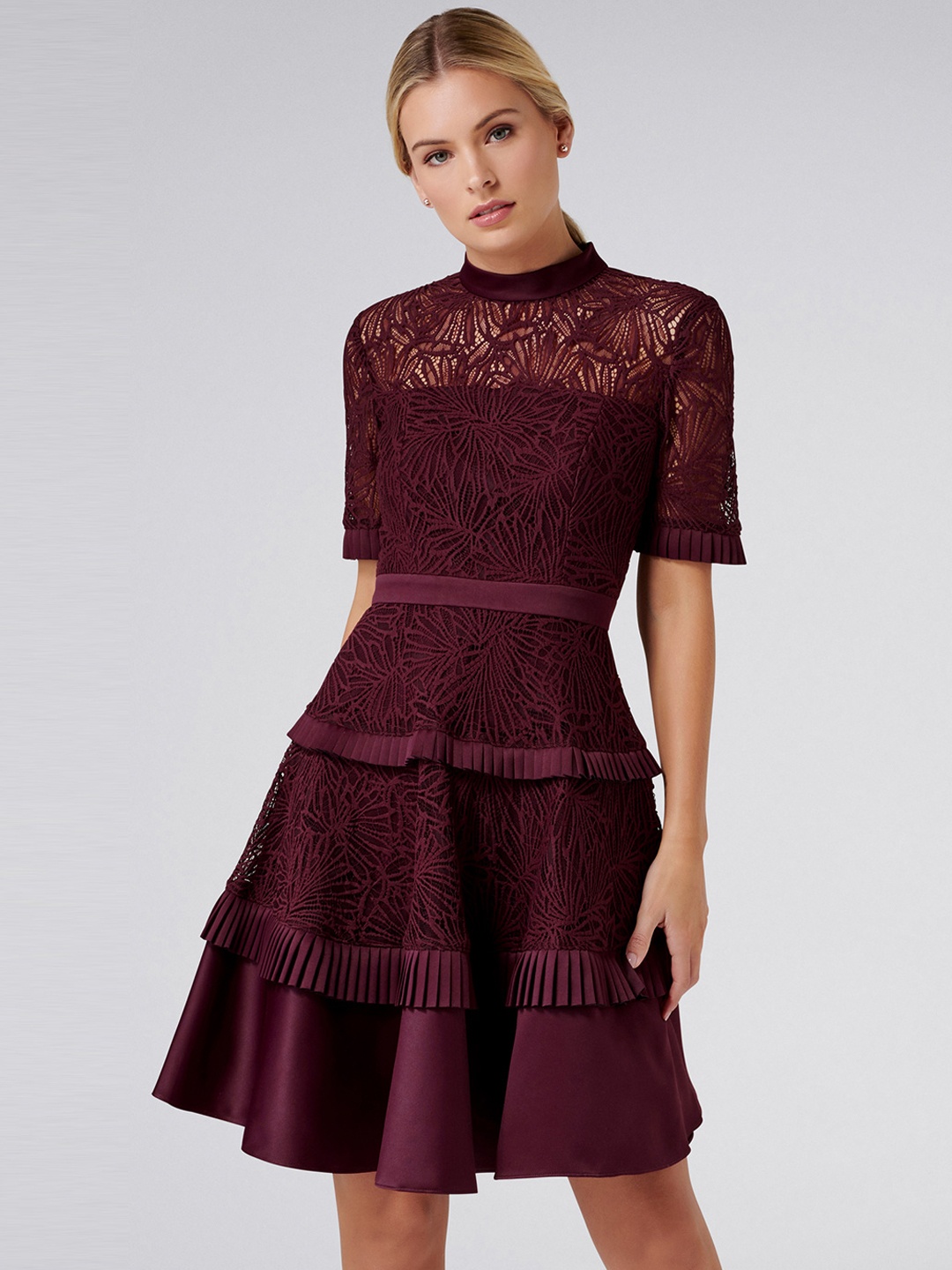 

Forever New Women Burgundy Self Design Fit and Flare Dress