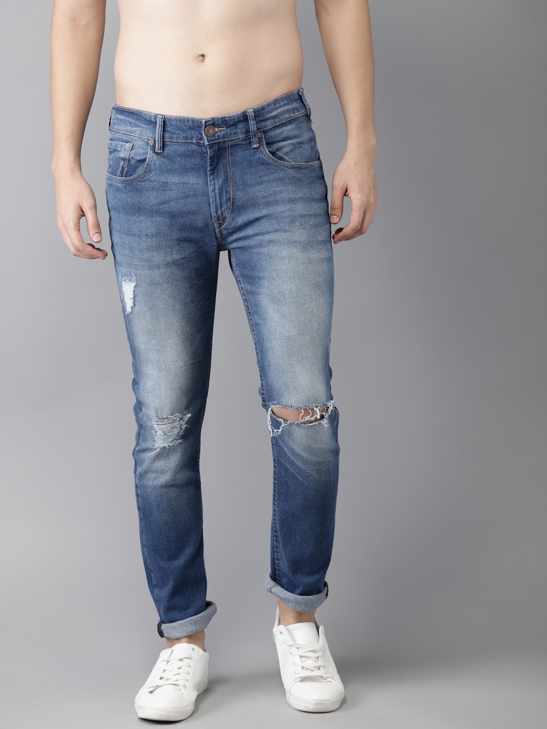 

HERE&NOW Men Blue Slim Fit Mid-Rise Knee Slash Stretchable Jeans