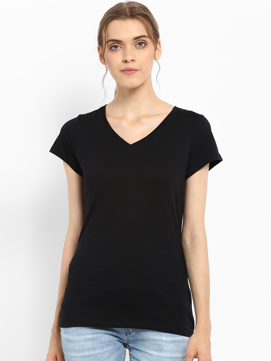 

Mode by Red Tape Women Black Solid V-Neck T-shirt