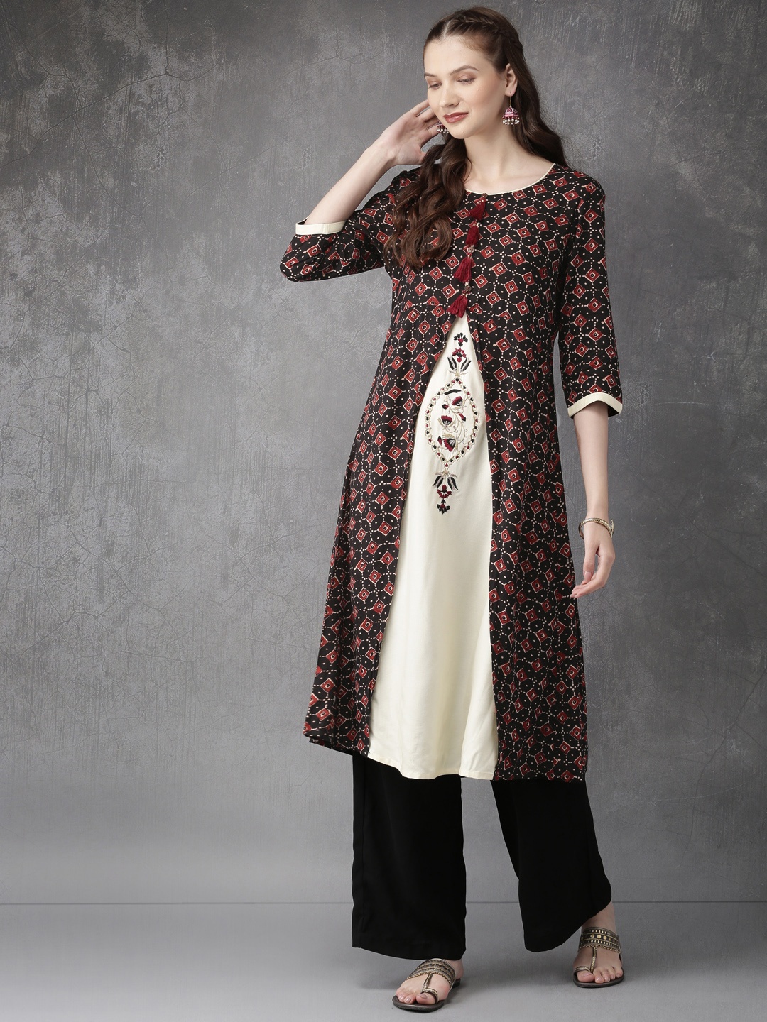 

Anouk Women Black & Off-White Printed A-Line Kurta