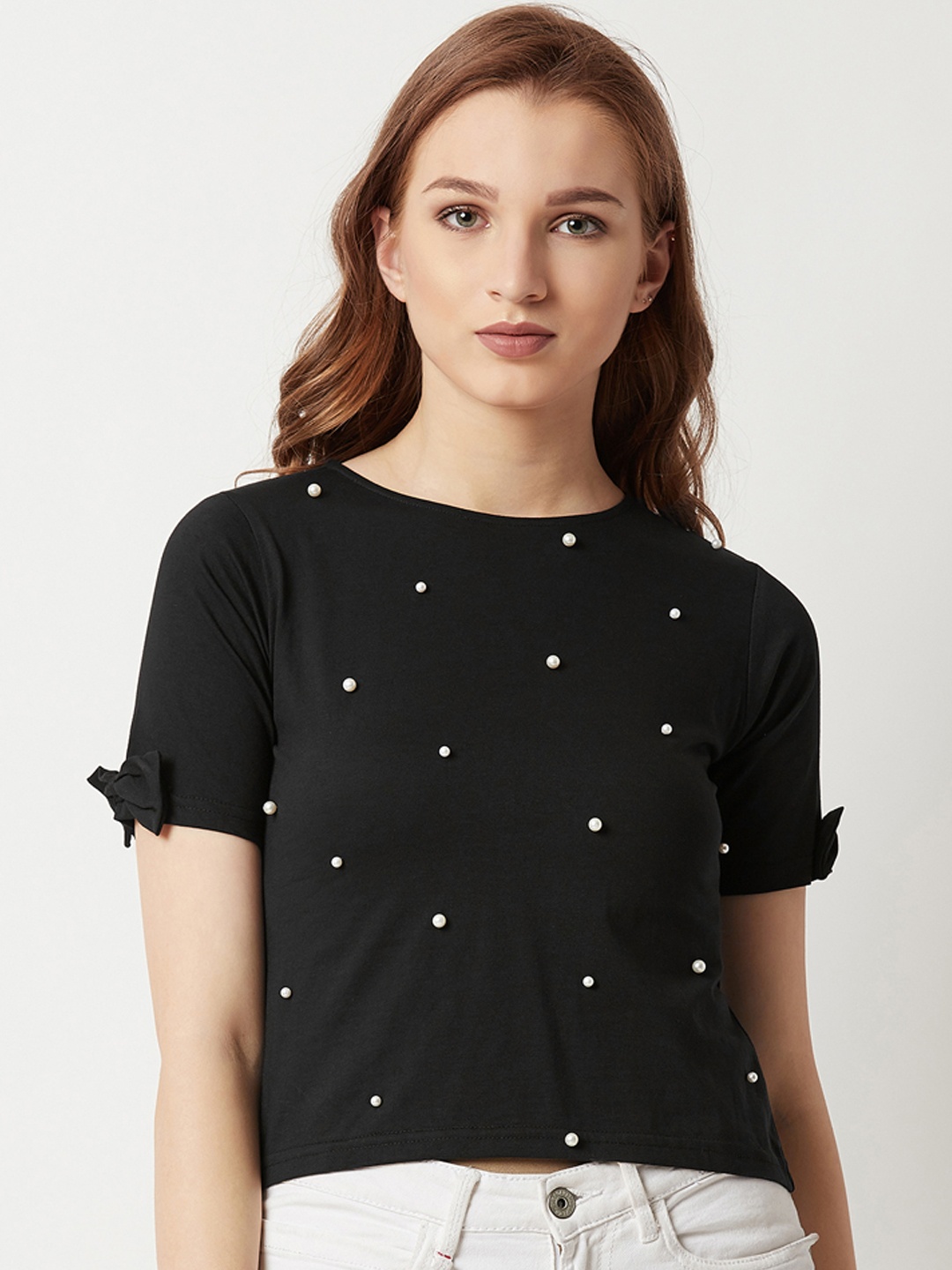 

Miss Chase Women Black Embellished Pure Cotton Top