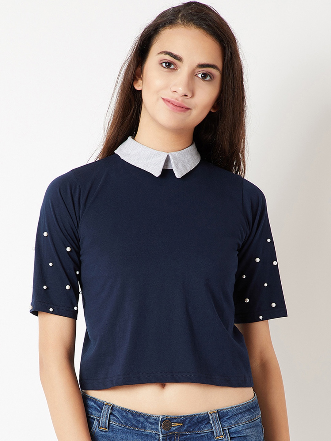 

Miss Chase Women Navy Blue Embellished Shirt Style Pure Cotton Top