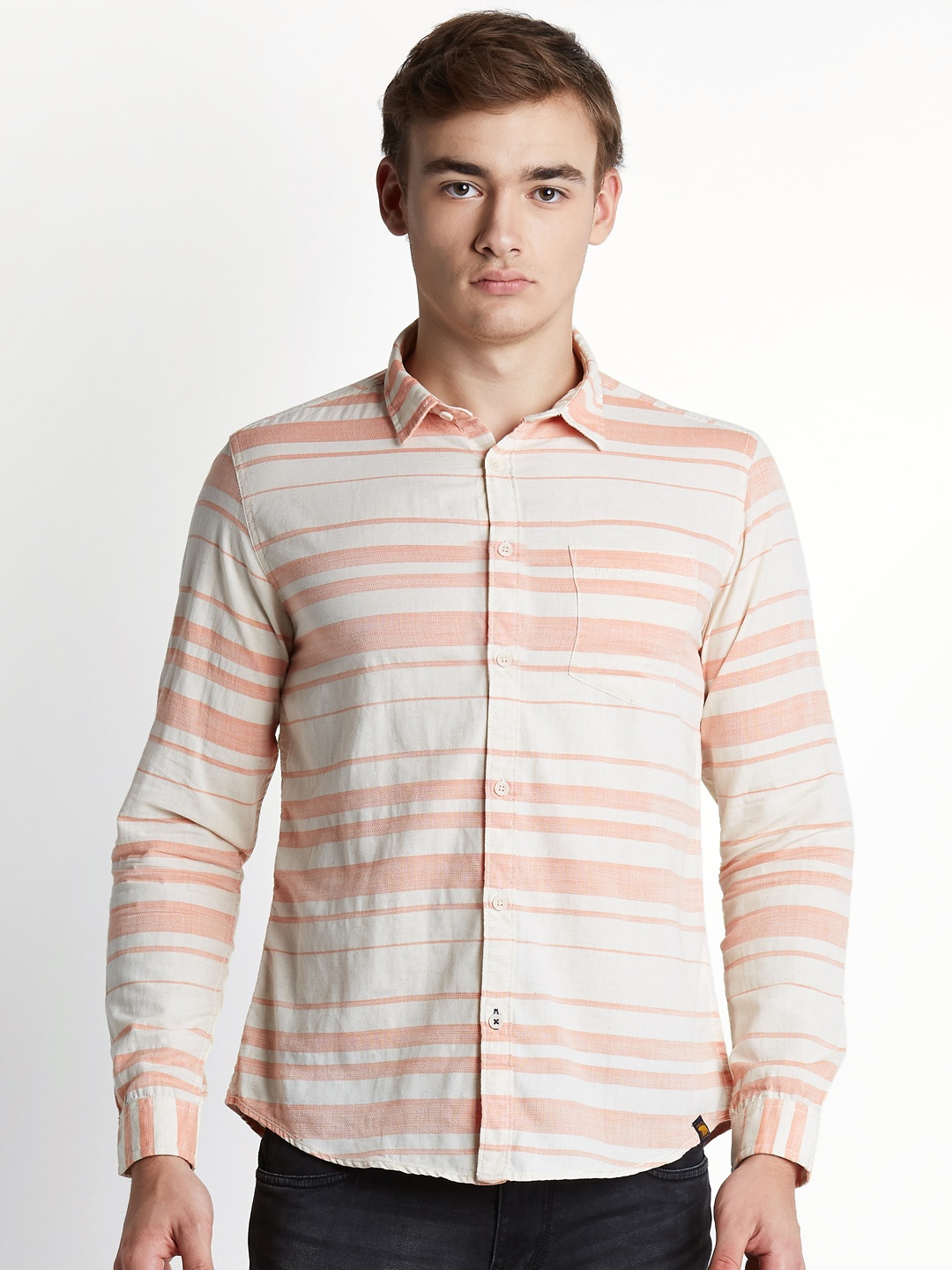 

Urban Ranger by pantaloons Men Beige & Orange Slim Fit Striped Casual Shirt