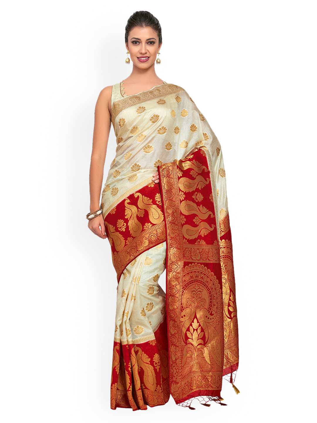 

MIMOSA Off-White & Maroon Art Silk Woven Design Kanjeevaram Saree