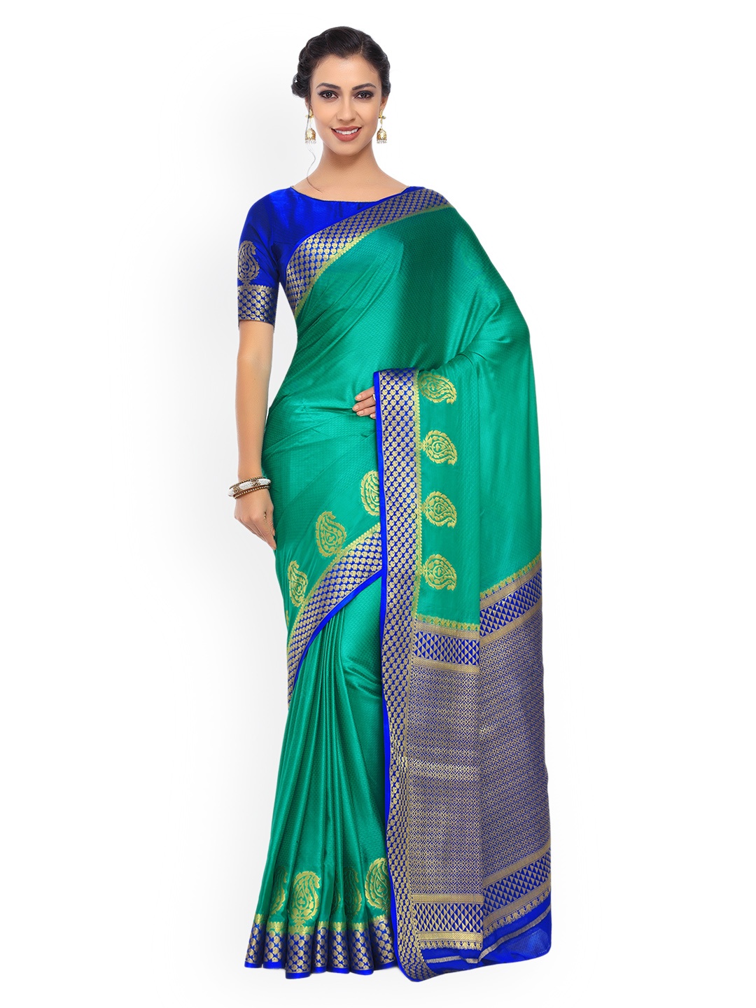 

MIMOSA Sea Green & Blue Poly Crepe Woven Design Kanjeevaram Saree