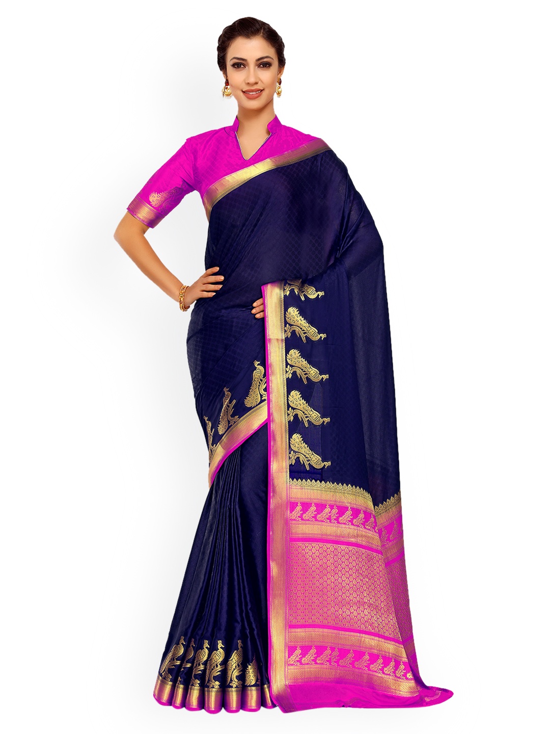 

MIMOSA Navy Blue Poly Crepe Woven Design Kanjeevaram Saree