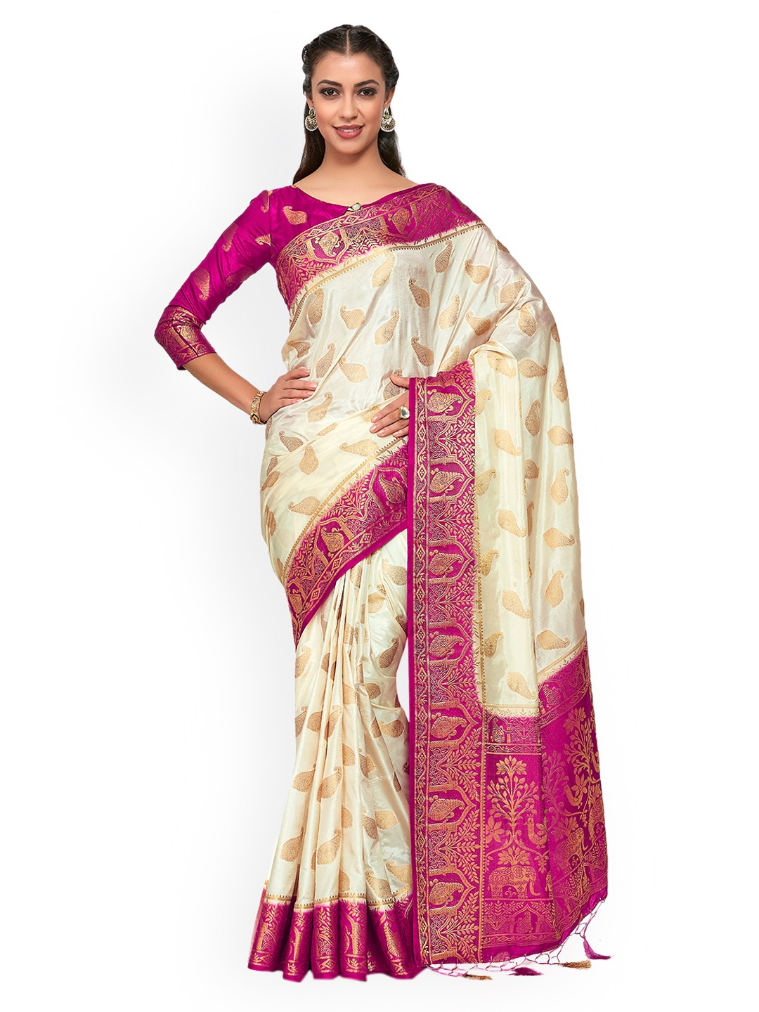 

MIMOSA Off-White Art Silk Woven Design Kanjeevaram Saree