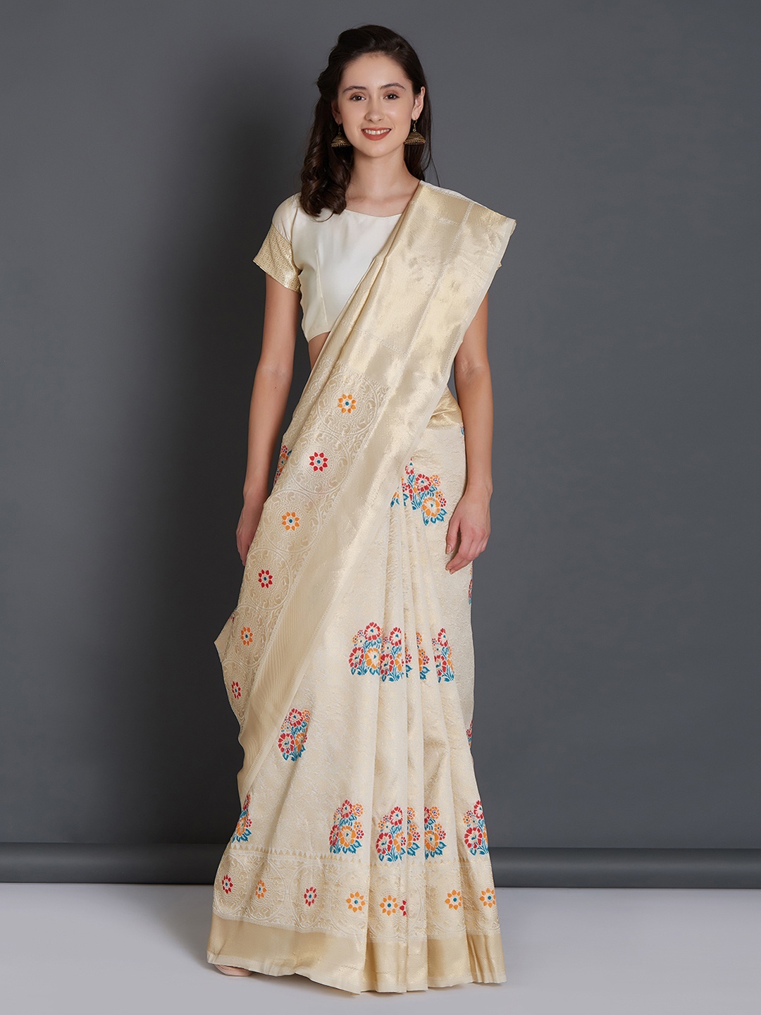 

Mitera Cream-Coloured & Gold-Toned Silk Blend Woven Design Banarasi Saree