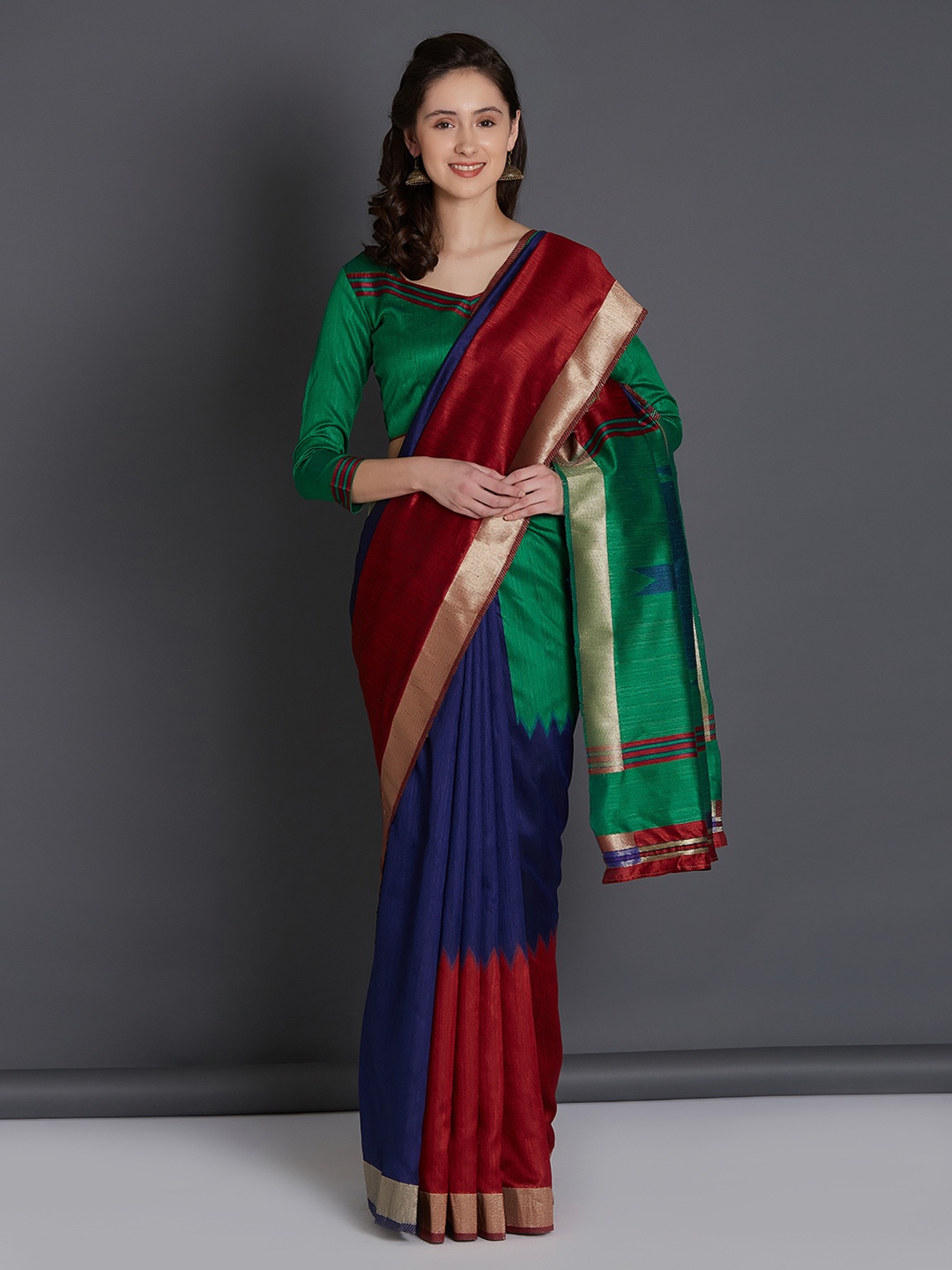 

Mitera Green & Red Silk Blend Solid Banarasi Saree