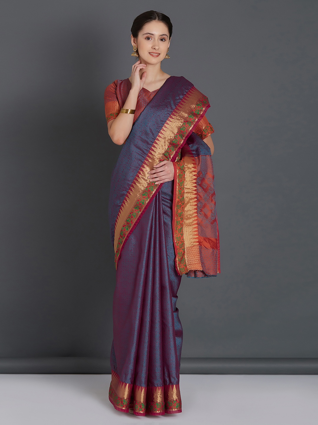 

Mitera Blue & Gold-Toned Silk Blend Woven Design Banarasi Saree