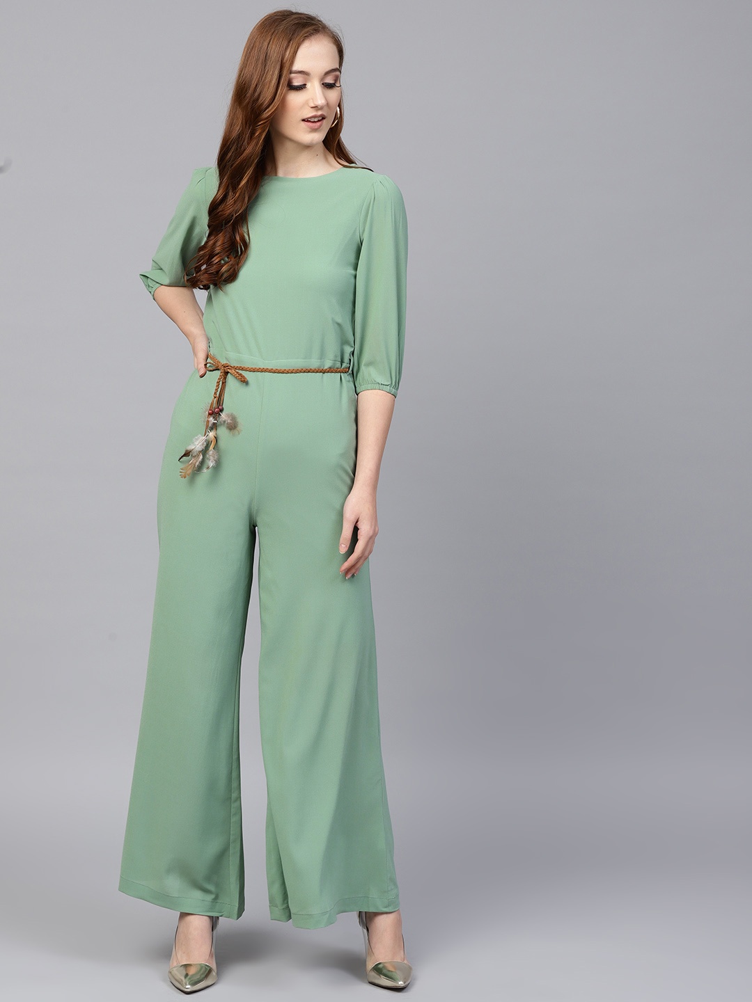 

SASSAFRAS Green Solid Basic Jumpsuit