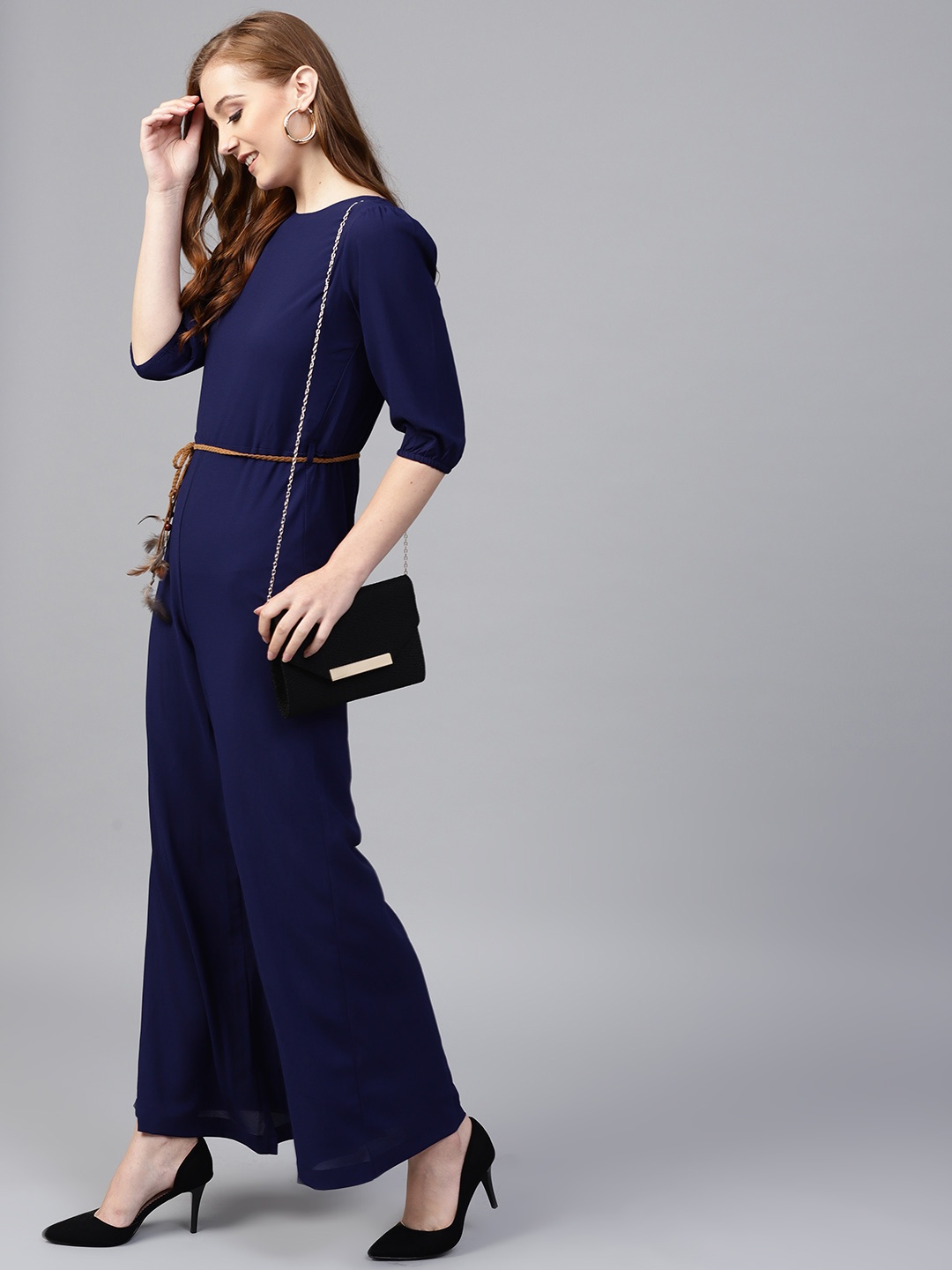 

SASSAFRAS Navy Blue Solid Basic Jumpsuit