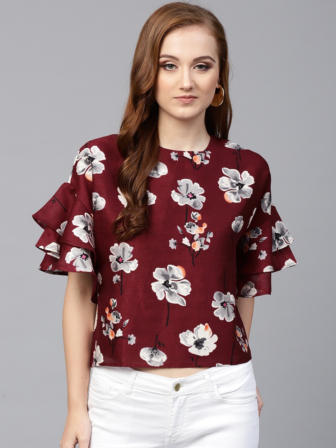 

SASSAFRAS Women Burgundy Printed Boxy Top