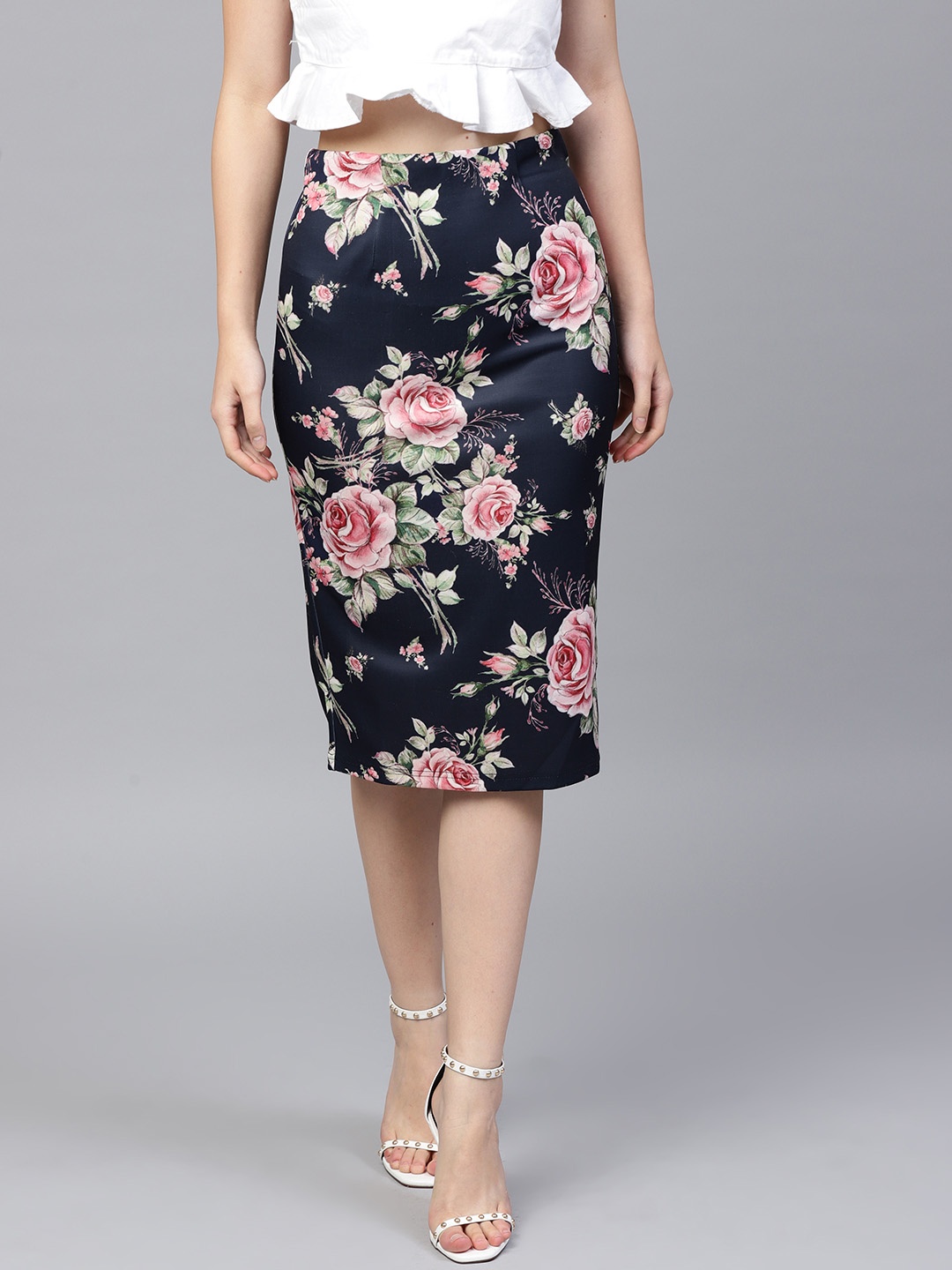 

SASSAFRAS Navy Blue & Pink Printed Pencil Skirt