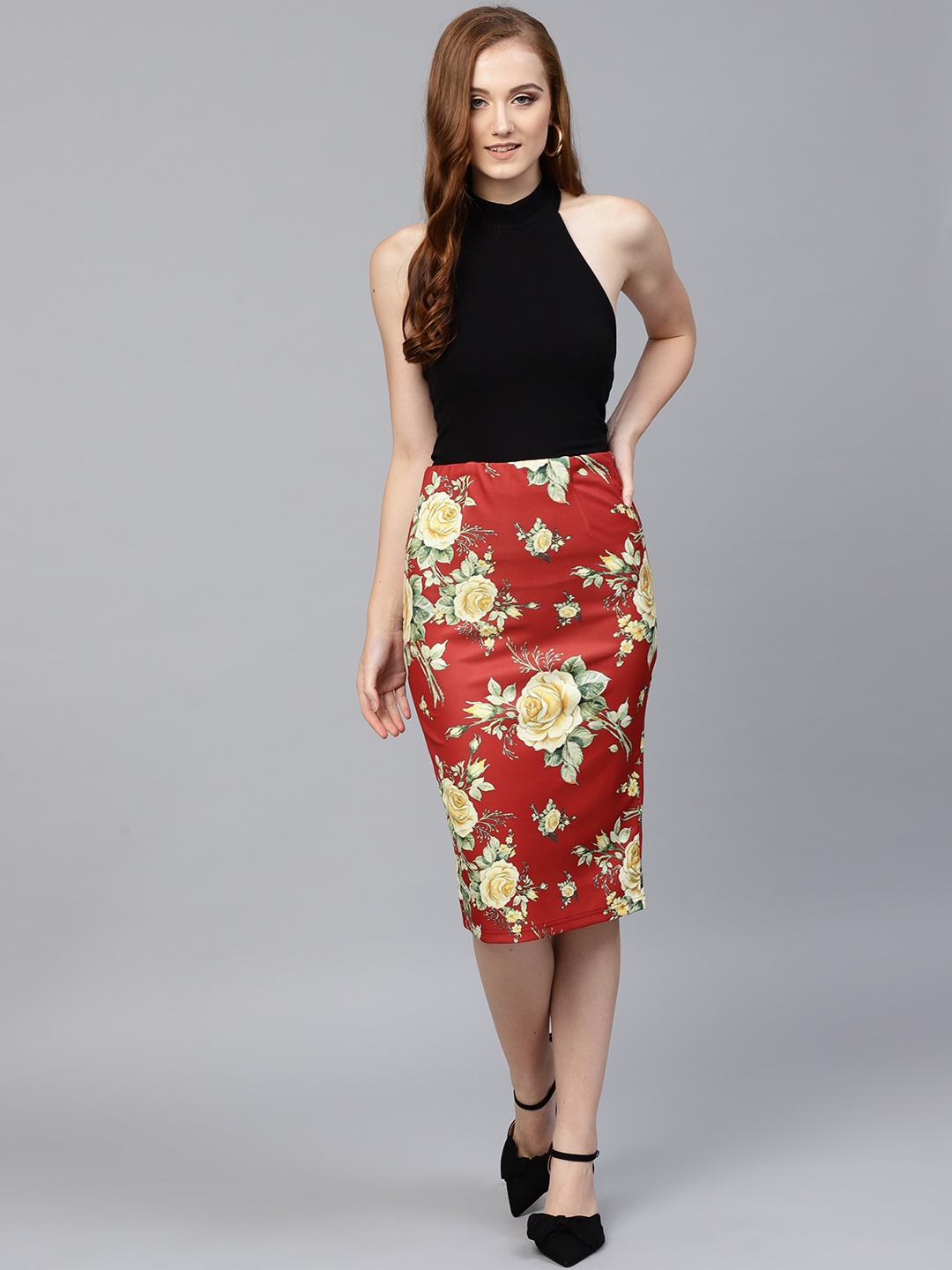

SASSAFRAS Women Rust Red & Yellow Printed Pencil Skirt