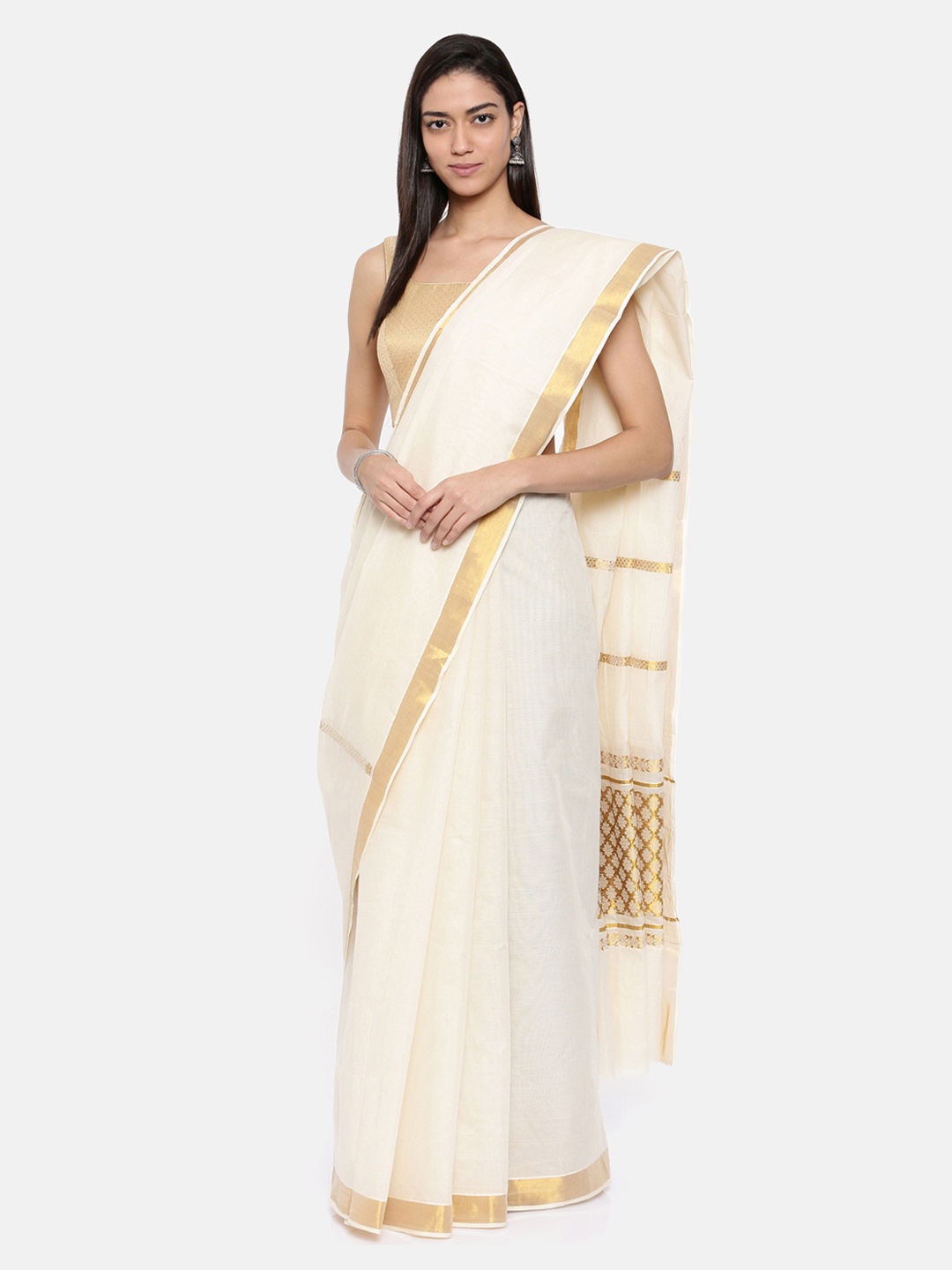 

Pavechas Off White & Gold-Toned Pure Cotton Kasavu Saree