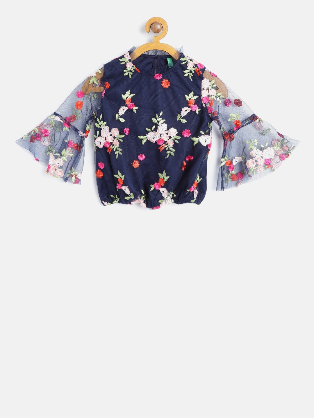 

United Colors of Benetton Girls Navy Blue & Pink Embroidered Net Blouson Top