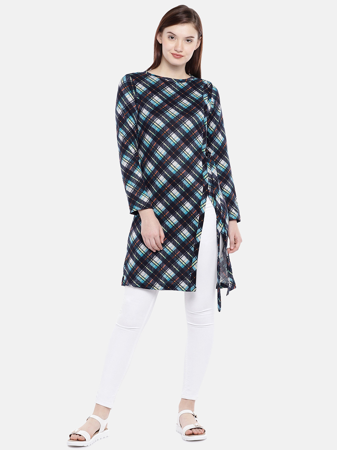 

AND Women Blue & Green Checked Tunic