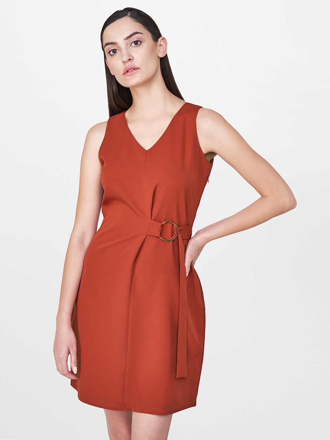 

AND Women Rust Orange Solid Fit and flare Dress