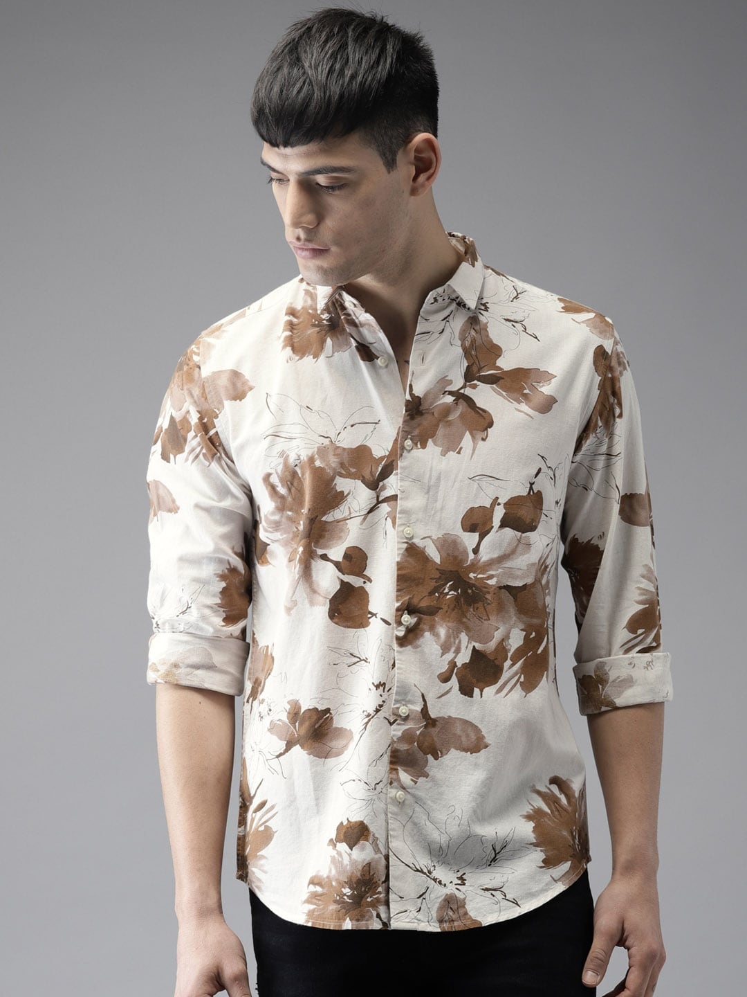 

Bene Kleed Men Cream-Coloured & Brown Slim Fit Printed Casual Shirt