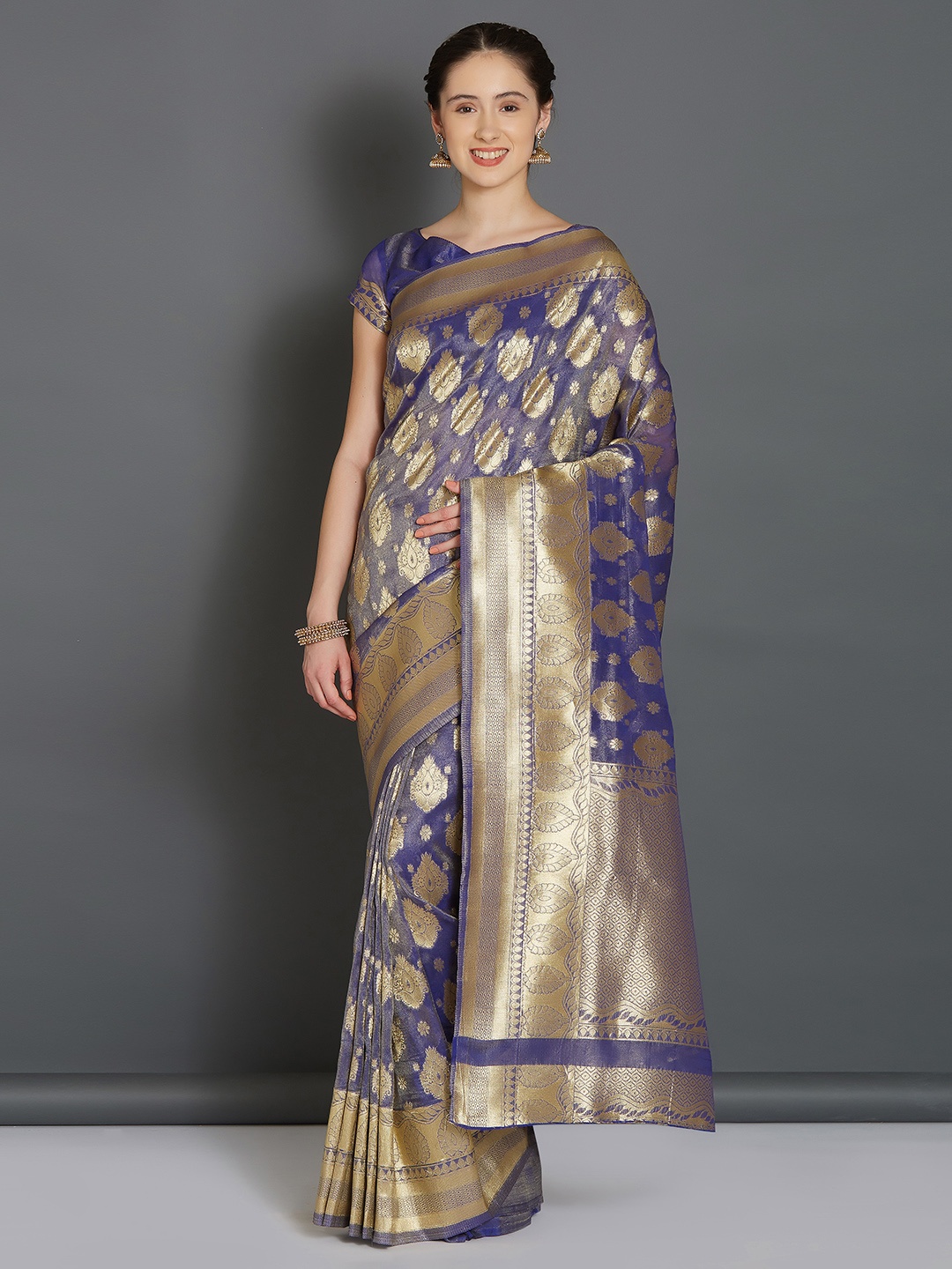 

Mitera Blue & Gold-Toned Woven Design Banarasi Saree