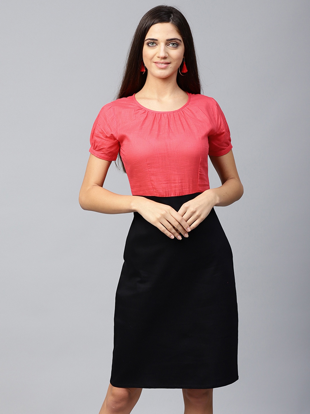 Athena Women Coral Pink & Black Colourblocked Sheath Dress