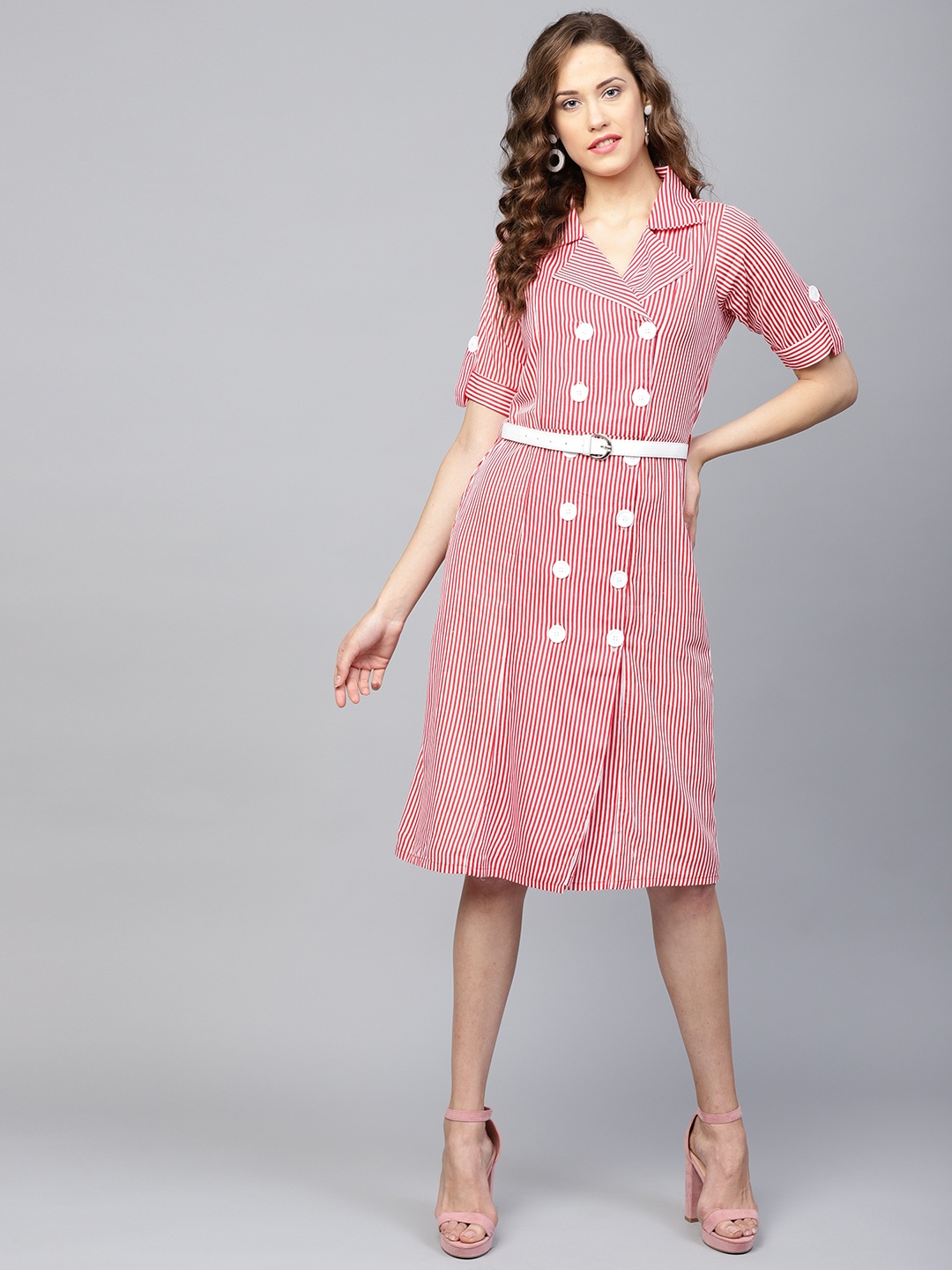 

Athena Women Red & White Striped Shirt Dress