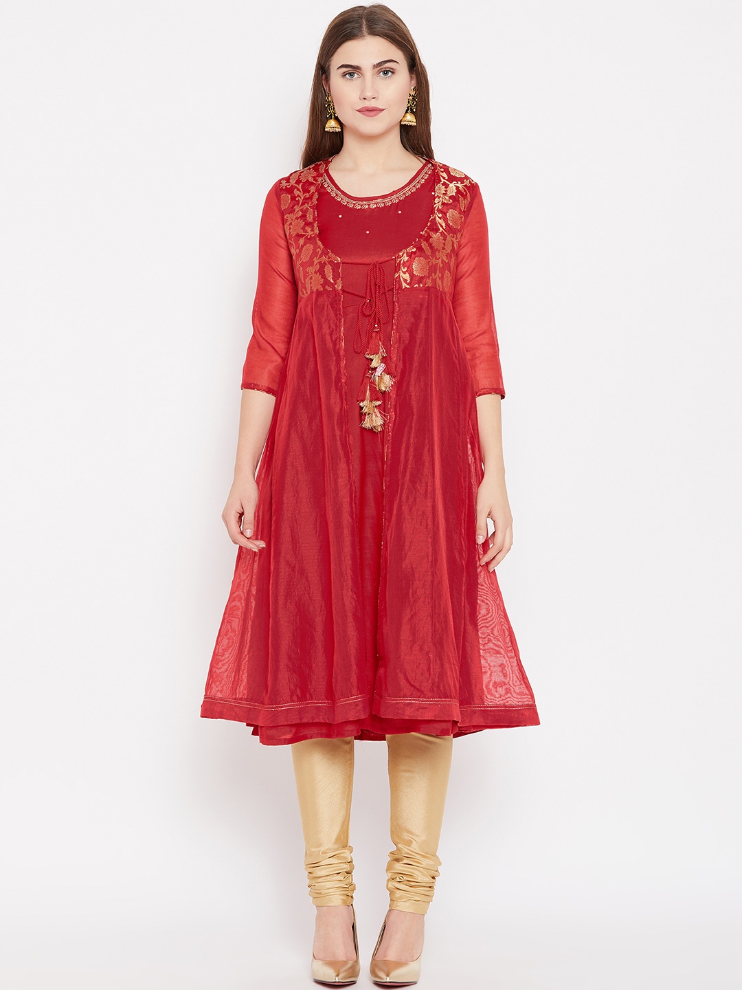 

Rangriti Women Red & Golden Yoke Design Layered A-Line Kurta