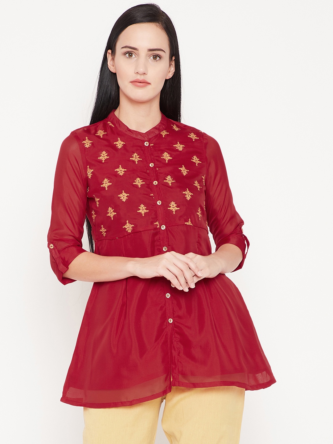 

Rangriti Women Red Solid A-Line Top with Printed Detail