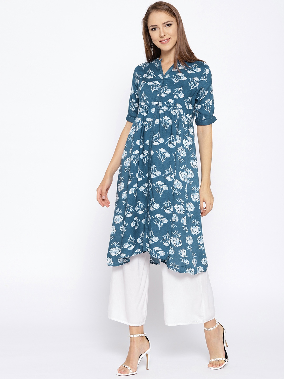 

Rangriti Women Blue & White Printed A-Line Kurta