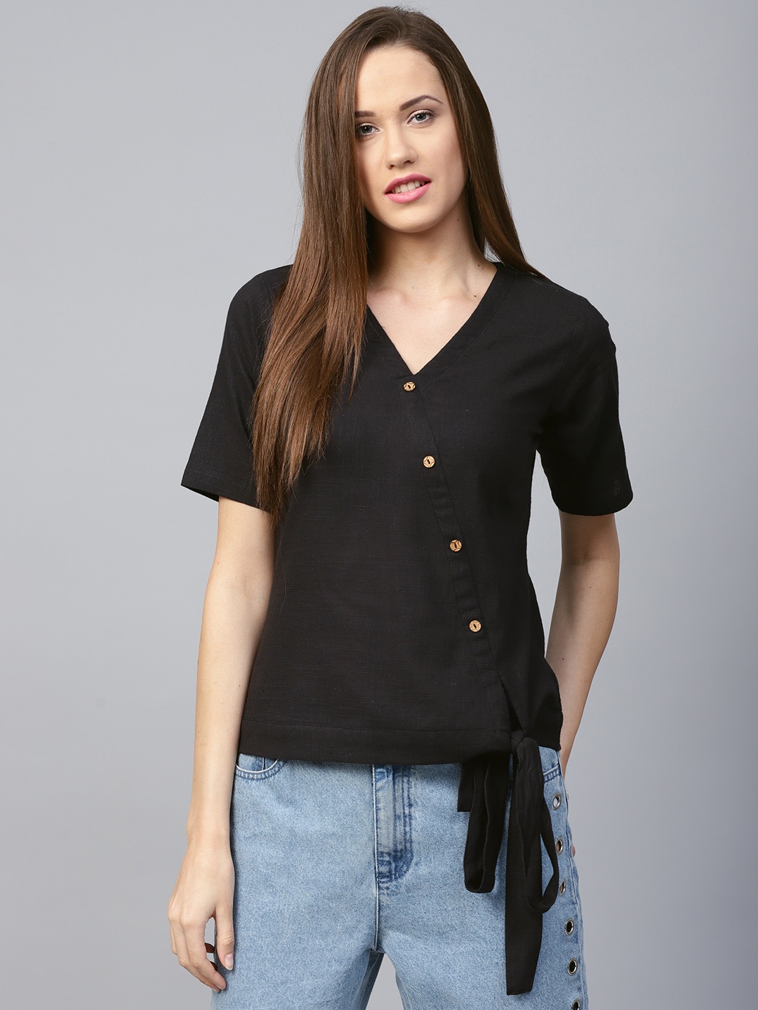 

Athena Women Black Solid Pure Cotton Top