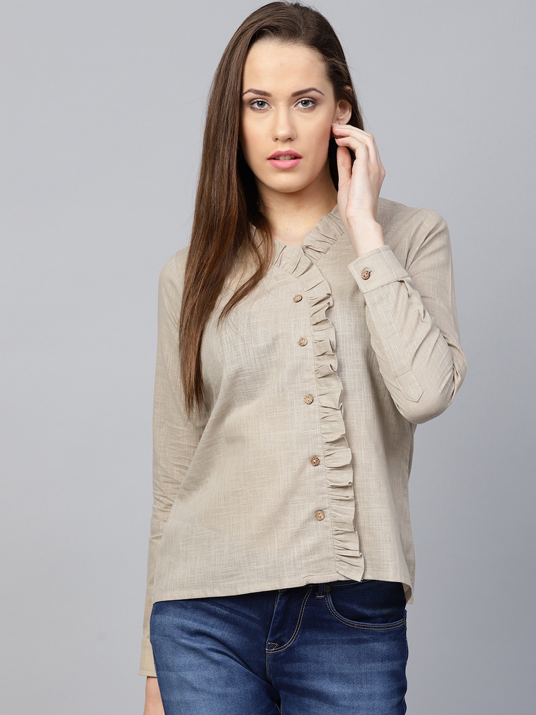 

Athena Beige Solid Pure Cotton Top