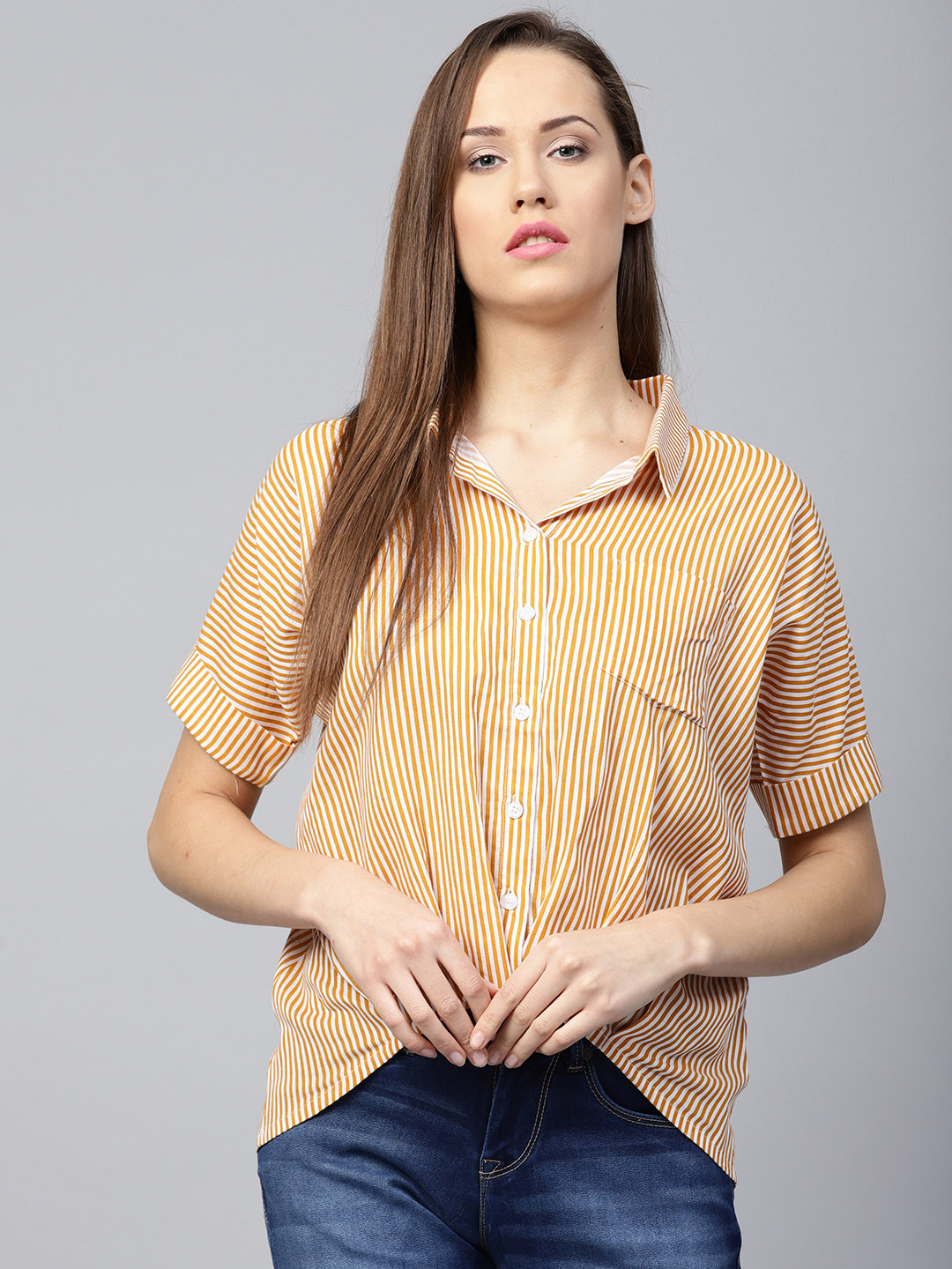 

Athena Mustard Yellow & Off-White Striped Shirt Style Pure Cotton Top