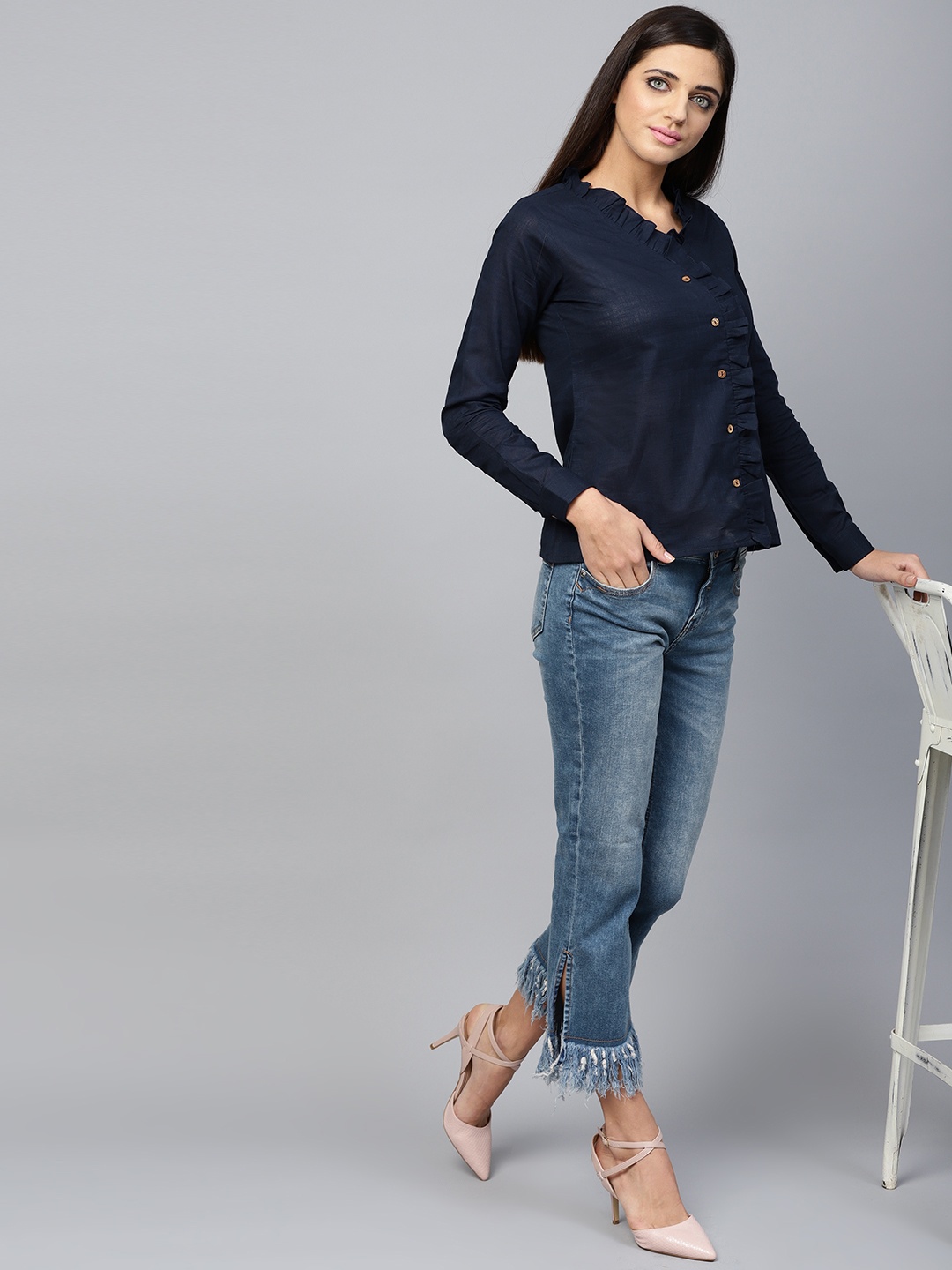 

Athena Women Navy Blue Solid Pure Cotton Top