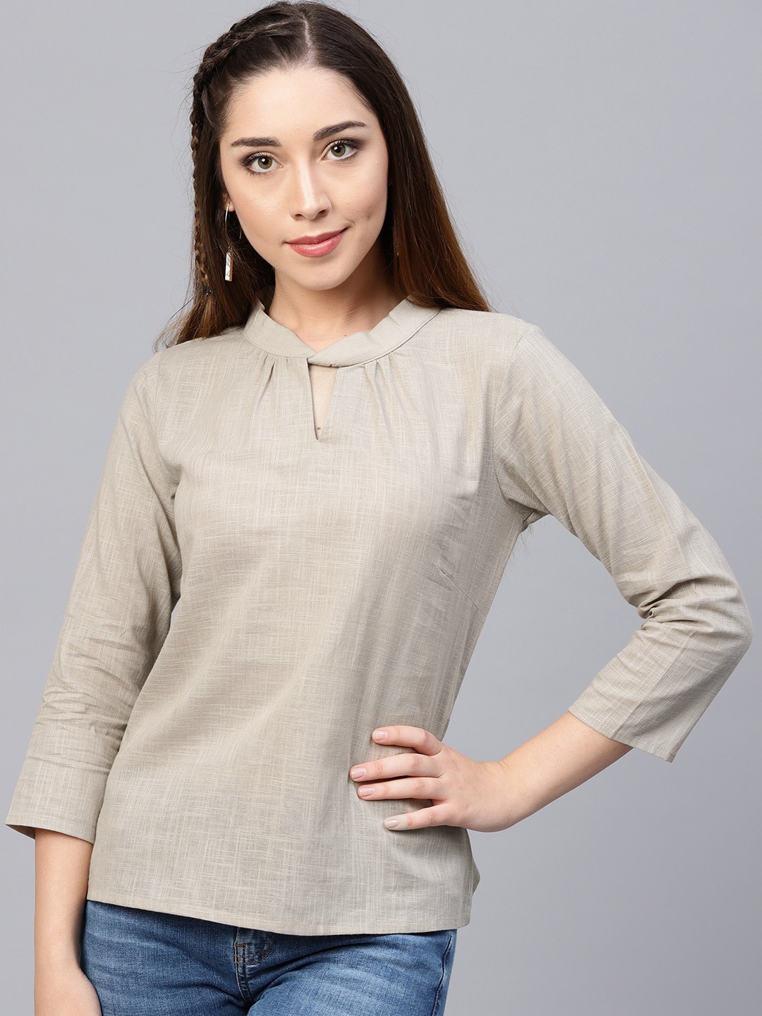 

Athena Women Grey Solid Pure Cotton Top