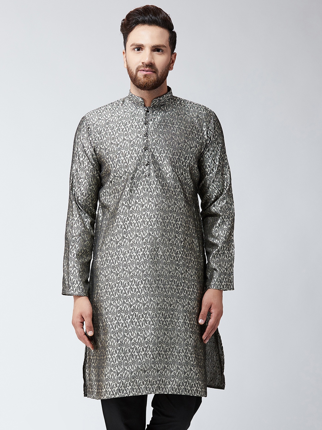 

SOJANYA Men Off-White & Black Woven Design Straight Kurta