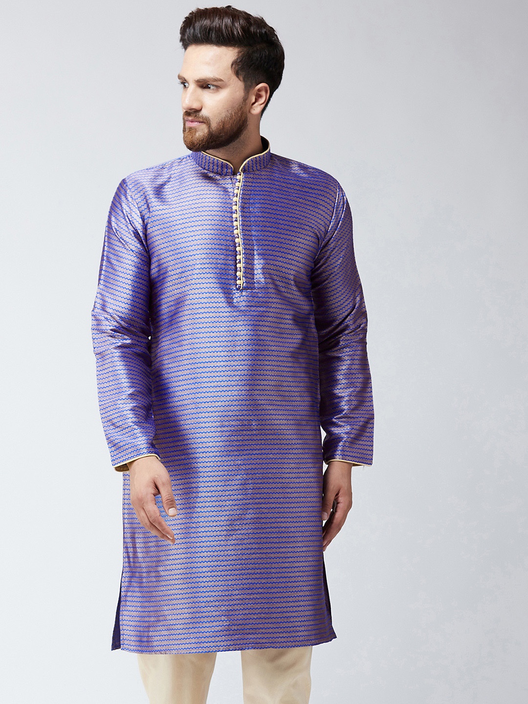 

SOJANYA Men Blue & Gold-Toned Woven Design Straight Kurta