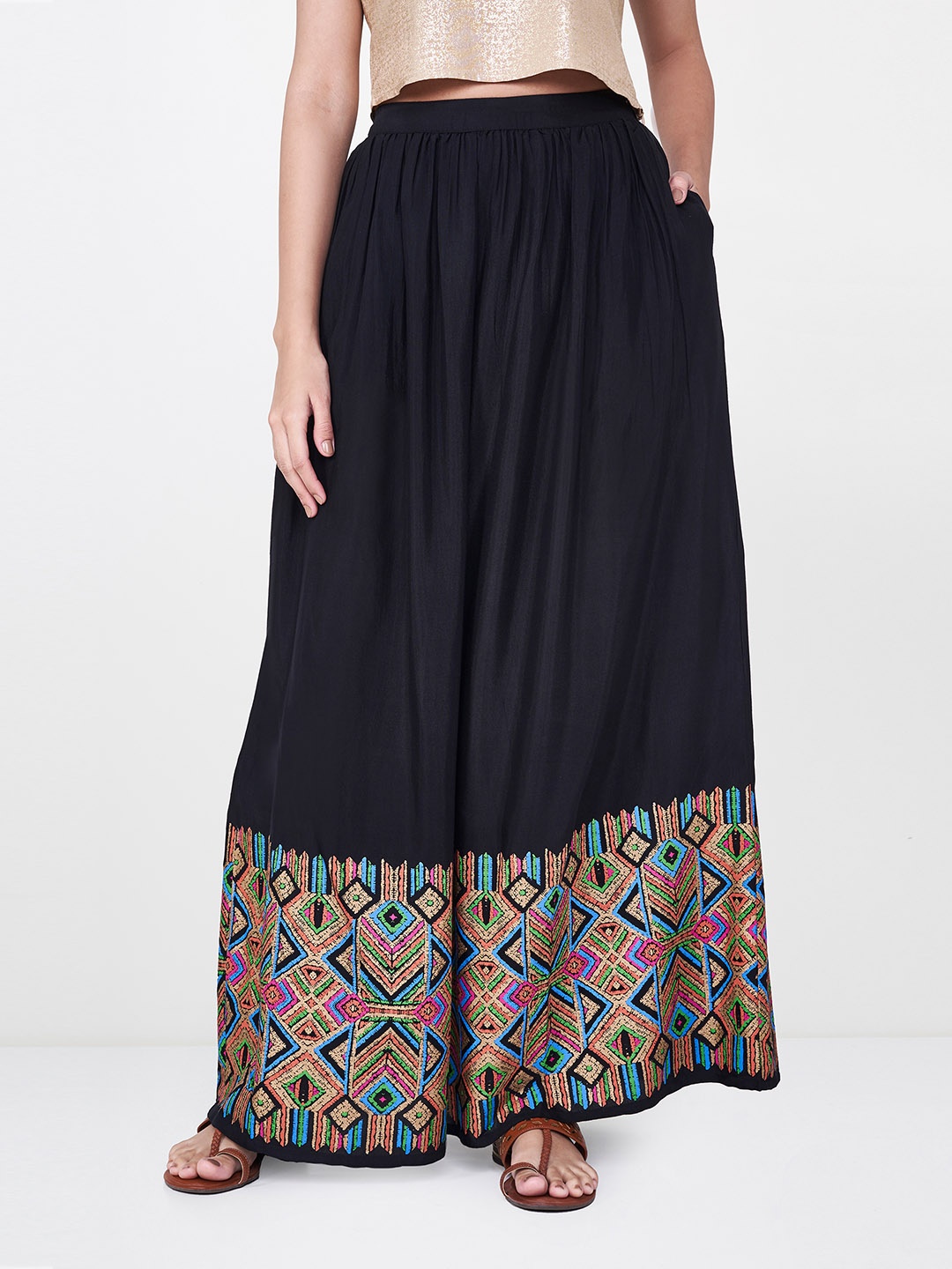 

Global Desi Women Black Printed A-Line Maxi Skirt