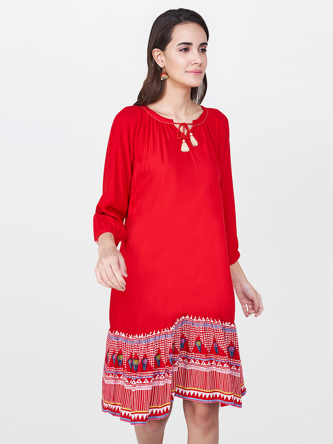 

Global Desi Women Red Solid A-Line Dress