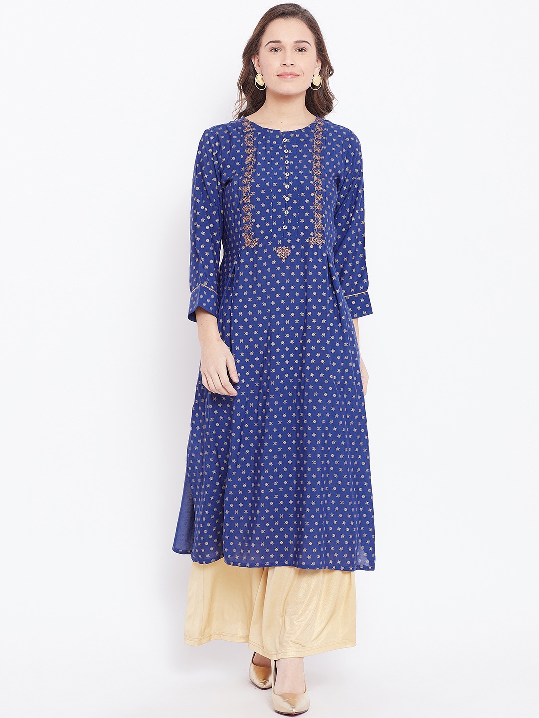 

Global Desi Women Blue Printed A-Line Kurta