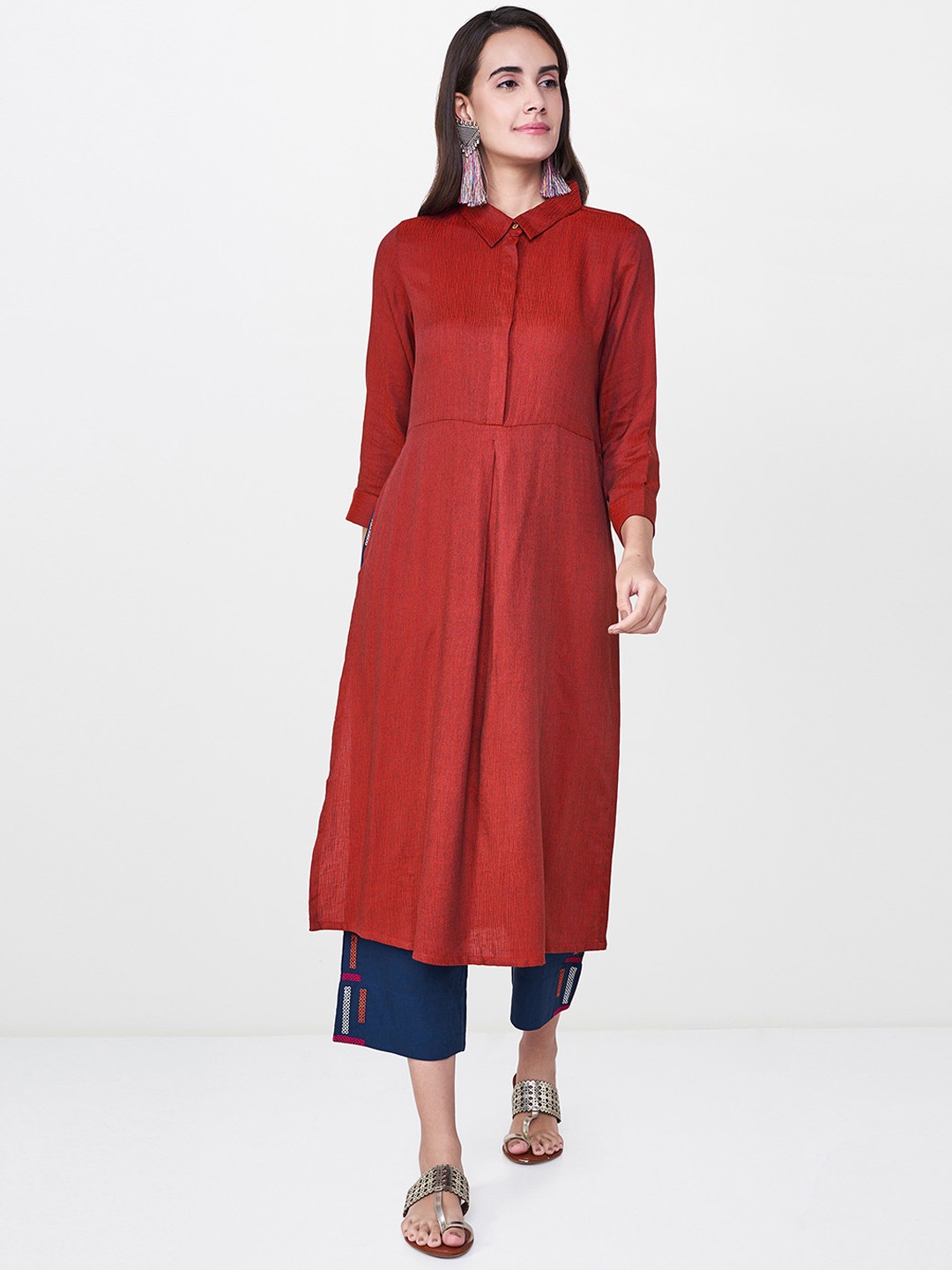 

Global Desi Women Red Woven Design A-Line Kurta