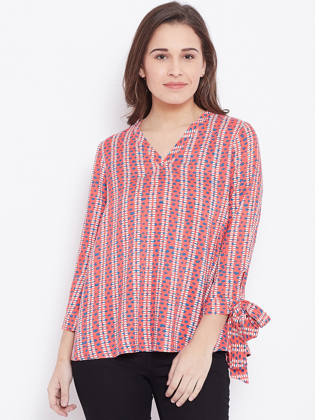 Global Desi Women Coral Pink Printed A-Line Top